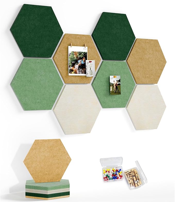 8 Pack Hexagon Felt Bulletin Board Tiles - 11.8" Large Thick Pin Board for Walls with 30 Push Pins, DIY Boards for Office Home School Decor, Aesthetic Hex Cork Board Alternative