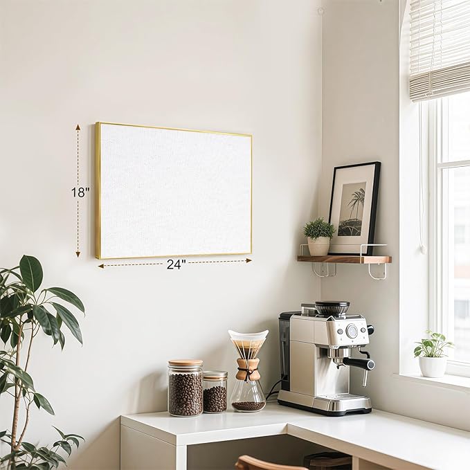 Linen Bulletin Board 24 x18 Inches, White Cork Board for Wall, Gold Aluminum Framed Fabric Pin Board Tack Board, 10 Push Pins, White Linen