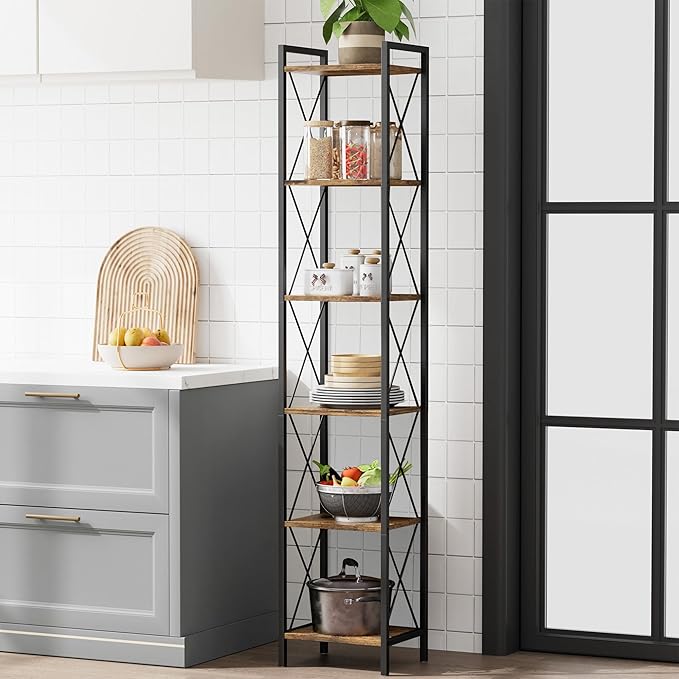 Homhedy 6 Tier Bookshelf, Tall Narrow Bookcase for Small Space, Metal Storage Book Shelf, for Home Office, Living Room, Kitchen, Bedroom, Industrial Style, 10.4" D x 13" W x 67.4" H, Rustic Brown