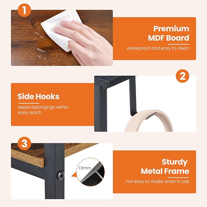 Sweetcrispy 47 Inch Computer Desk with Drawers for Home Office, Writing Desk with X-Shaped Reinforcement, Wood Table with Adjustable Position Drawers, Modern Study Work Table with Side Hook, Rust