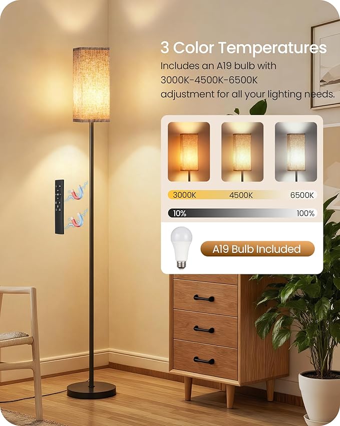 2Pack 64.2” Dimmable Floor Lamp for Living Room with Remote & Foot Switch, Corner Floor Lamp for Bedroom, Includes A19 Bulb, Modern Standing Tall Lamp, ETL Listed Beige and Black E17LDP205
