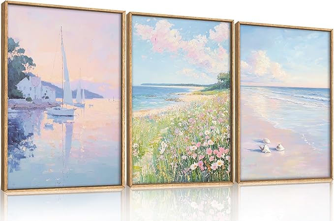 Aryroi Spring Pink Blue Coastal Wildflower Framed Canvas Wall Art Set,Watercolor Preppy Pastel Floral Sailboat Seascape Decor,Dreamy Colorful Soft Sunrise Beach Artwork for Living Room,Farmhouse- 24"x36"x3