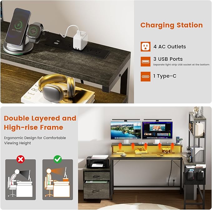 REAHOME 70 Inch L Shaped Desk with File Drawers and Reversible Storage Shelves, Computer Desk with Power Outlet & LED Strip, Home Office Desks, Bookshelf Desk, Writing Study Desk for Bedroom, Grey Oak