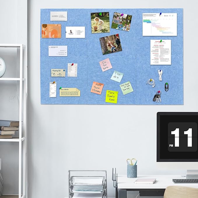 6 Pack Cork Board Felt Bulletin Board with 60 Push Pins, 1/2" Thick Pinboard Square Tiles for Wall Organizer - Home Office Classroom Decor, Photo Display, Memo Board (11.8"x11.8"- Sky Blue)