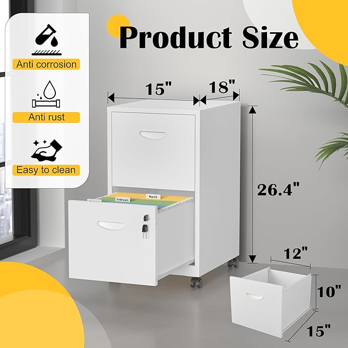 2 Drawer File Cabinet with Lock，White Rolling File Cabinet for Home Office, Metal Small Mobile Filing Cabinets on Wheels for Hanging Letter