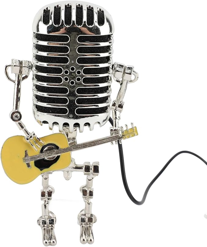 ZJchao Vintage Microphone Guitar Robot Table Lamp Aluminum Retro Metal Robot Night Light for Bedroom Desk Home Decor (Yellow)
