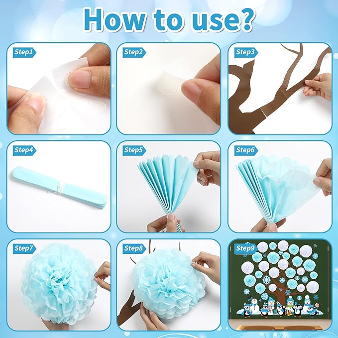 Winter Bulletin Board Decoration Set Winter Wonderland Cutouts for Classroom Winter 3D Tree with Paper Pom Poms Snowflake Bulletin Board for School Classroom Nursery Christmas Party Wall Door Decor