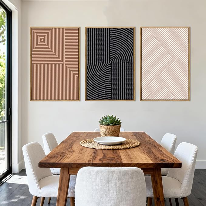 ANHUIB Extra Large Neutral Abstract Modern Canvas Wall Art Set of 3 Framed Black and White Beige Wall Decor Boho Minimalist Artwork Walls Geometric Line Painting for Living Room Bedroom Office 24x36In