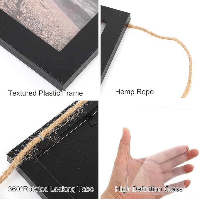 2 Pcs 4x6 Wall Hanging Picture Frames Collage with 10 Openings Picture Frame Collage With Rope - Rustic Black, Casual Style Engineered Wood Frames - Wall Mount Only