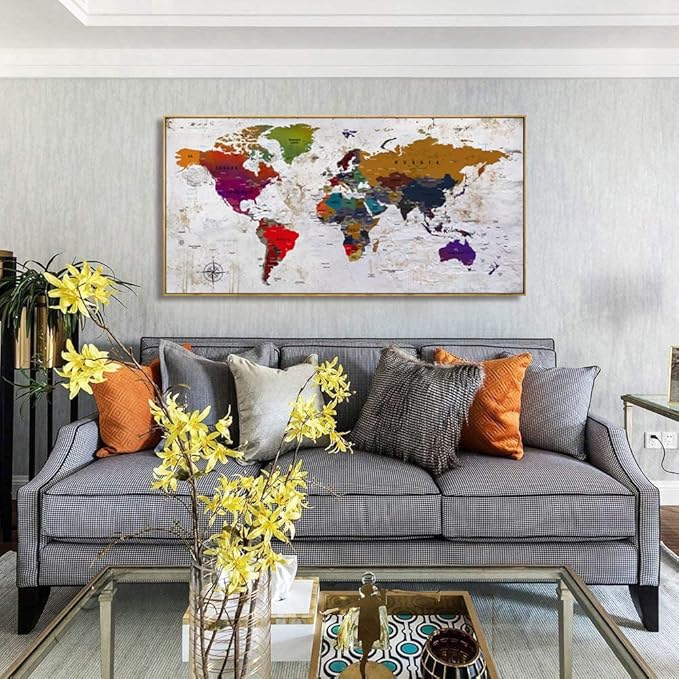 Framed Wall Art World Map Wall Art Canvas Picture 24inx48in Large Antiqued Map of The World Canvas Painting Artwork Prints for Office Wall Decor Home Living Room Decorations Framed Ready to Hang…