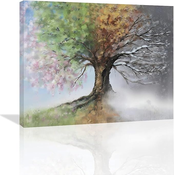 Tree of Life Wall Art Four Season Trees Pictures Decor Rustic Nature Canvas Country Painting Modern Artwork Home Decorations for Bathroom Living Room Bedroom Office Framed 24"x20"