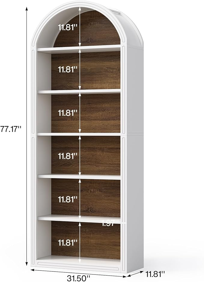 LITTLE TREE 6-Tier Bookcase, 77" Tall Bookshelf with Arched Top, Large Freestanding Wooden Open Bookcase Bookshelf, Modern Display Book Shelf for Living Room, Bedroom, Office, Library, White Brown