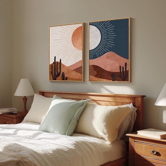 Large Framed Boho Desert Wall Art for Living Room, Set of 2 Sun and Moon Cactus Landscape Canvas Artwork for Walls, Mid Century Modern Bohemian Painting Print Bedroom Home Office Wall Decor, 24x36 In