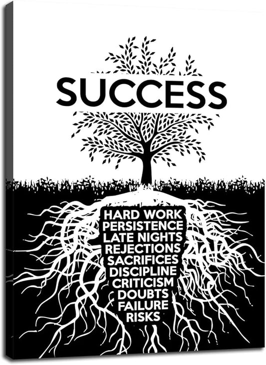Success Tree Black and White Inspirational Pictures Motivational Canvas Wall Art Inspiring Entrepreneur Quotes Painting Modern Pop Posters Prints Artwork for Office Gym Home Framed[18" W x 24" H]