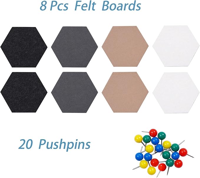 8Pcs Hexagon Felt Cork Board Tiles Self Adhesive Bulletin Board, Pin Board for Wall Decor Memos Photos Display (Set C)