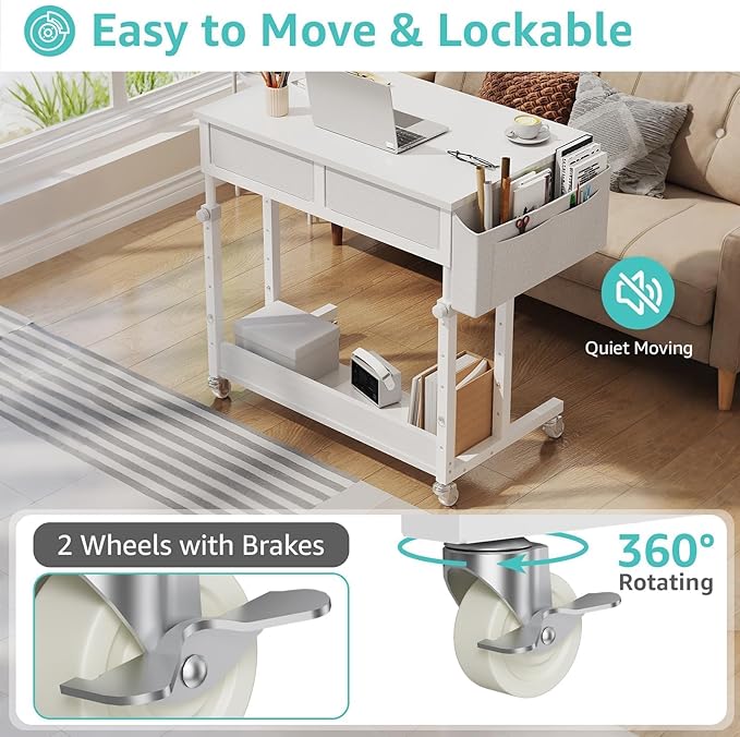 Small White Portable Rolling Standing Desk with Drawers & Storage Shelf, 32 Inch Mobile Stand Up Desk Adjustable Height with Wheels for Home Office, Kids Desks Couch Sofa Side Laptop Craft Table