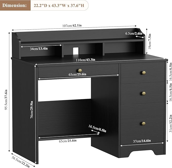 TTVIEW Computer Desk with Drawers and Hutch Shelf, Wood Executive Desk Writing Study Table with 43” Wide Tabletop, Small Desk with File Drawer for Home Office Bedroom, Black