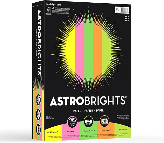 Bright Color Paper, Neenah Astrobrights®, Letter Paper Size, 24 Lb, Assorted Colors, Ream of 500 Sheets
