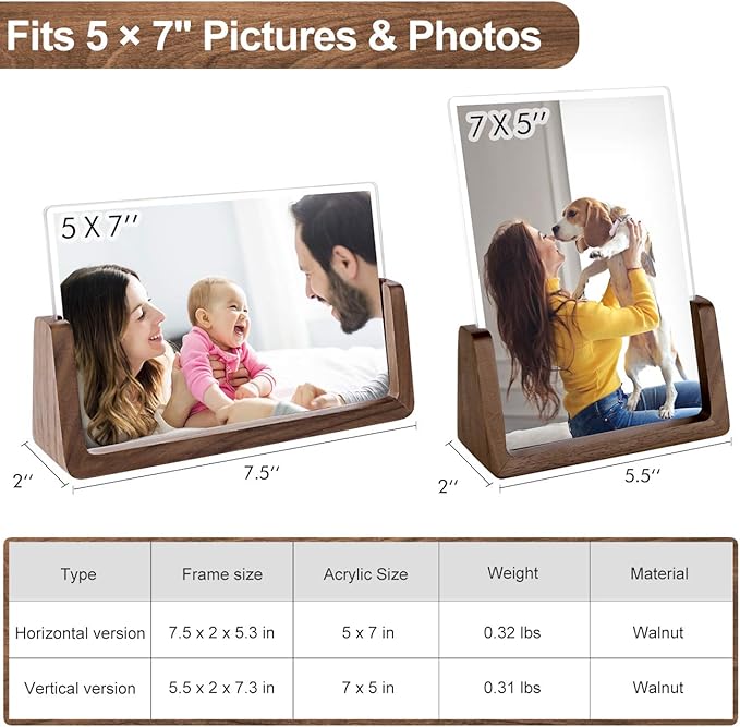 Mixoo 5x7 Picture Frame 2 Pack - Double Rustic Vintage Wooden Picture Frames 5x7 inch with Walnut Wood Base and High Definition Break Free Acrylic Glass Covers for Tabletop Desktop Display ( 5x7" Horizontal + Vertical)