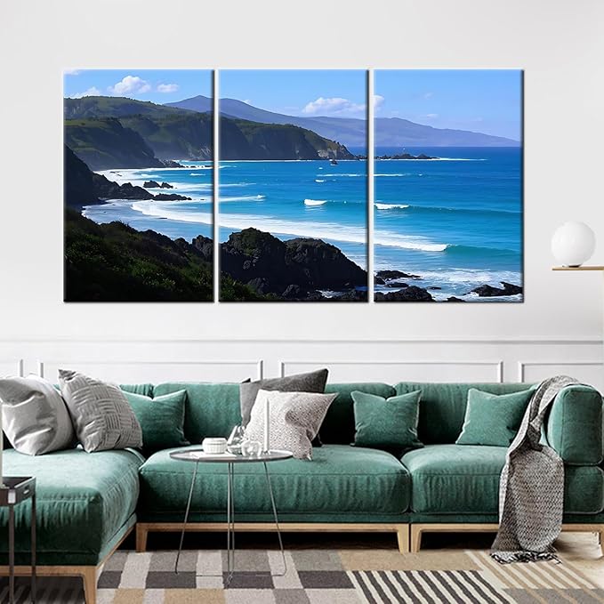 Ocean Scenery Wall Art Beautiful Coastline Landscape Canvas Poster Print Summer Natural Scenery Picture Painting for Modern Home Hotel Wall Decoration Stretched and Framed [72''Wx36''H]