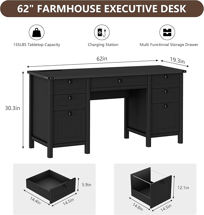 Farmhouse Executive Desk with Drawers - 62" W Farmhouse Computer Desk with Power Outlets & USB Charging, Heavy Duty Storage Desk for Home Office & Study.Black