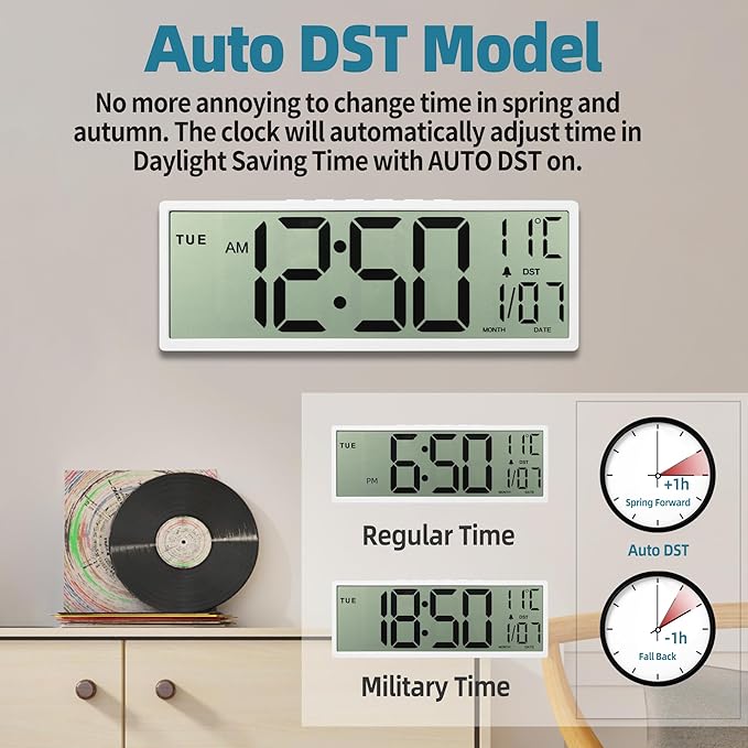 15" Large Digital Wall Clock Battery Operated Black, Clock with Large Display Numbers, Calendar, Auto DST, Clocks for Living Room, Kitchen, Office, Bedroom
