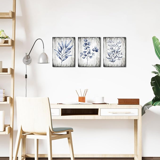 Conipit Navy Blue Botanical Painting Rustic Botanical Wall Art Canvas Minimalist Blue White Leaf Plant Artwork Prints Framed For Living Room Bedroom Wall Decor 12''X16''X3pcs