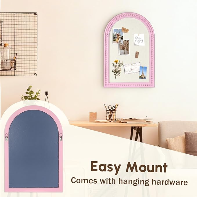 16" x 24" Linen Bulletin Board, Arched White Wood Frame with Beaded Trim, Decorative Pin Board Wall Organizer for Photos, Notes, Memo & Vision Board, 4060WH