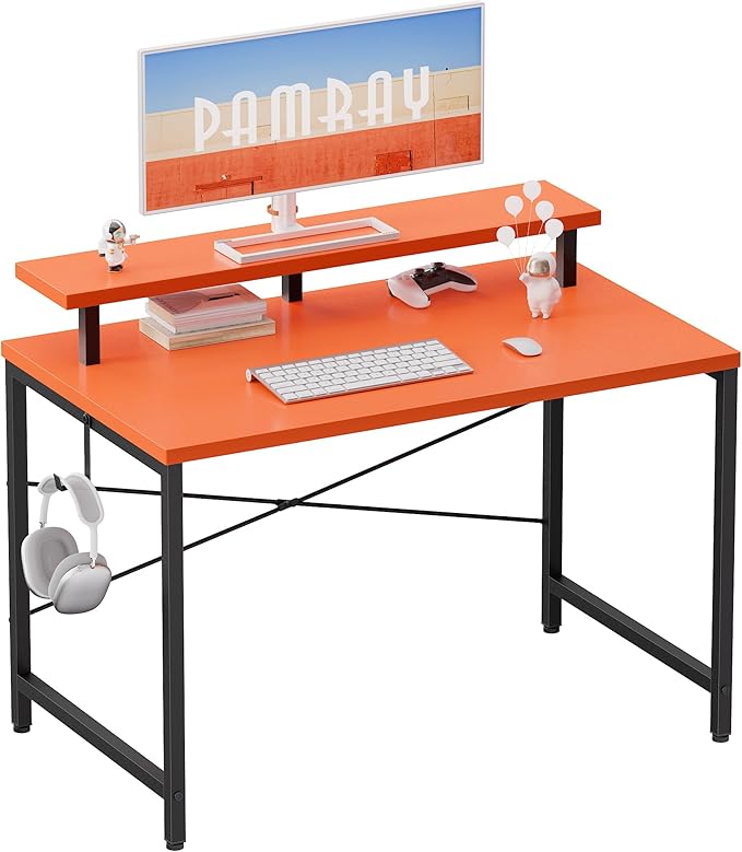 Pamray 32 Inch Small Computer Desk with Monitor Stand, Simple Office Desk with Headphone Hook for Small Spaces, Kids Study Writing Table for Bedroom, Orange