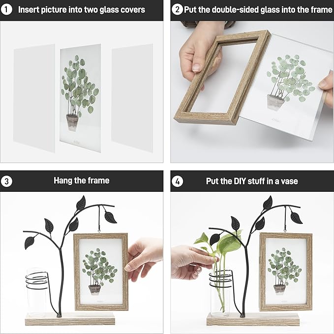 Sapowerntus 4x6 Picture Frames, Rustic Family Desk Photo Frame, Flowers Plants Floating Double-Sided Glass Vase Office Tabletop Standing Decor, Mother Wedding Cute Dog Unique Gift