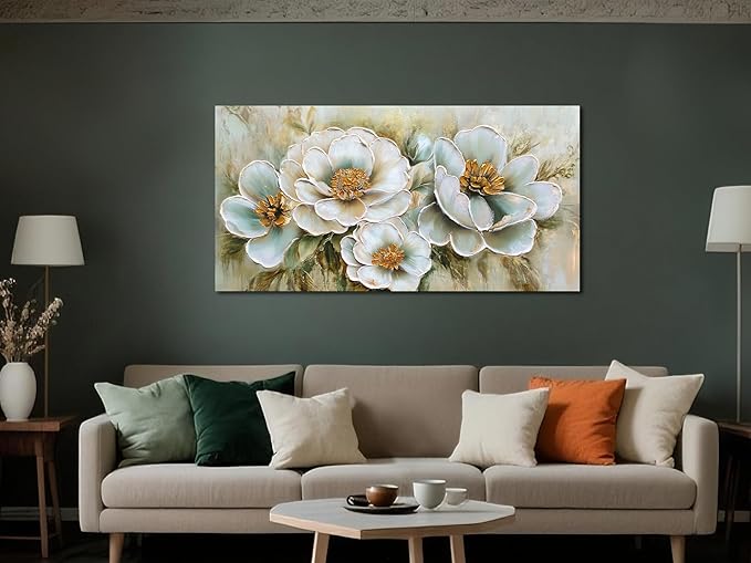 Arjun Vintage Wall Art Canvas Flower for Living Room, Rustic Floral Painting Bedroom, Teal Gold Textured Picture Framed Artwork Dining Room Kitchen Home Office Wall Decor, Large 48"x24"
