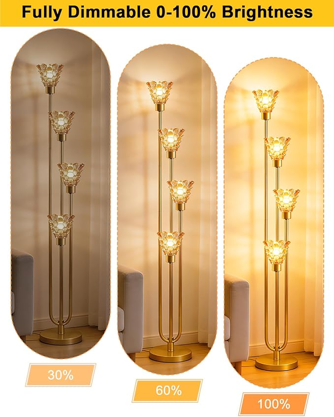 63IN 4-Lights Glass Floor Lamp Modern Dimmable Floor Lamps with Brown Glass Shade& 3000K Soft Warm White Bulbs for Wedding/Party, Gold Tall Standing Lamp for Living Room/Bedroom