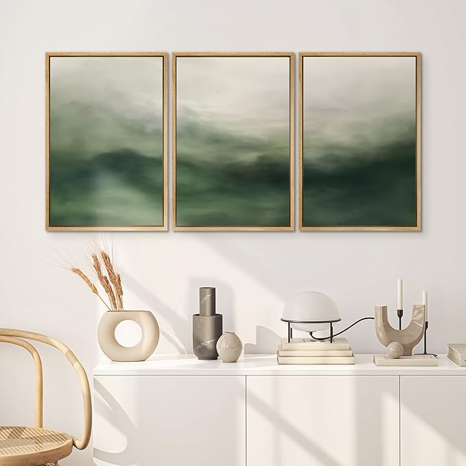 SIGNWIN Framed Canvas Print Wall Art Set Abstract Green Misty Landscape Illustrations Modern Art Decorative Boho Relax/Zen Nordic for Living Room, Bedroom, Office - 24"x36"x3 Natural