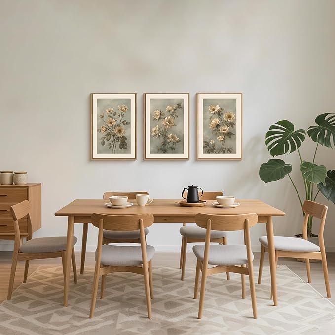 KAIRNE Vintage Botanical Flower Wall Art Set of 3, Modern Boho Floral Framed Canvas Art,Mid Century Nature Wildflower Wall Decor, Green, Beige for Living Room, Bedroom, Farmhouse, Office 16x24 Inch