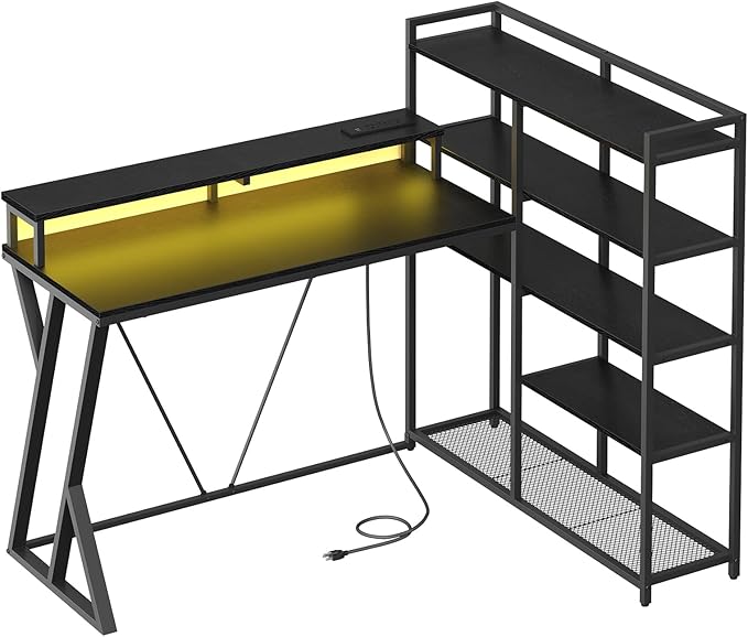 Reversible L Shaped Gaming Desk with Shelves, 52'' L Shaped Computer Desk with Power Outlet and LED Light, Corner Desk with Storage Shelf and Monitor Stand, for Home Office, Black