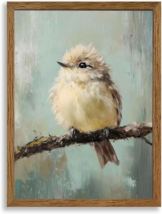 AVECCO Framed Vintage Funny Birds Canvas Wall Art, Bird Rustic Farmhouse Wall Decor, Unique Animal Art Prints for Kid's Room Bathroom Bedroom Living Room Office Home Decoration Ready to Hang 12x16 In