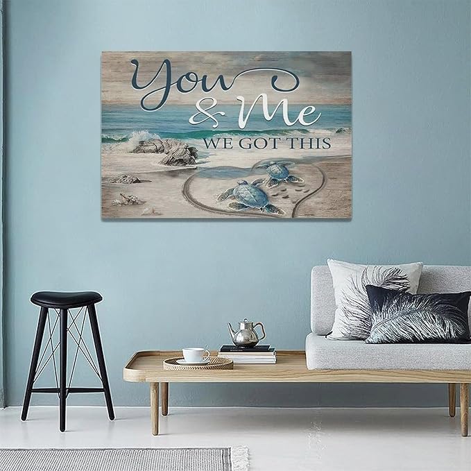 Beach Sea Turtle Bathroom Wall Art Coastal Turtle Love Pictures Wall Decor Ocean Nautical Canvas Seascape Painting Modern Artwork Home Decoration for Living Room Bedroom Office Framed 24"x16"