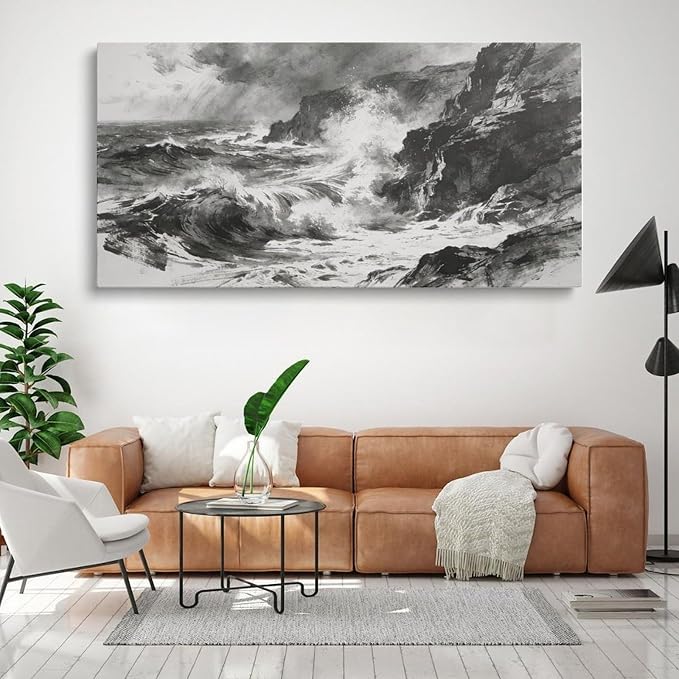 Black White Ocean Wave Framed Canvas Wall Art for Living Room, Coastal Decor 24" L x 12" W