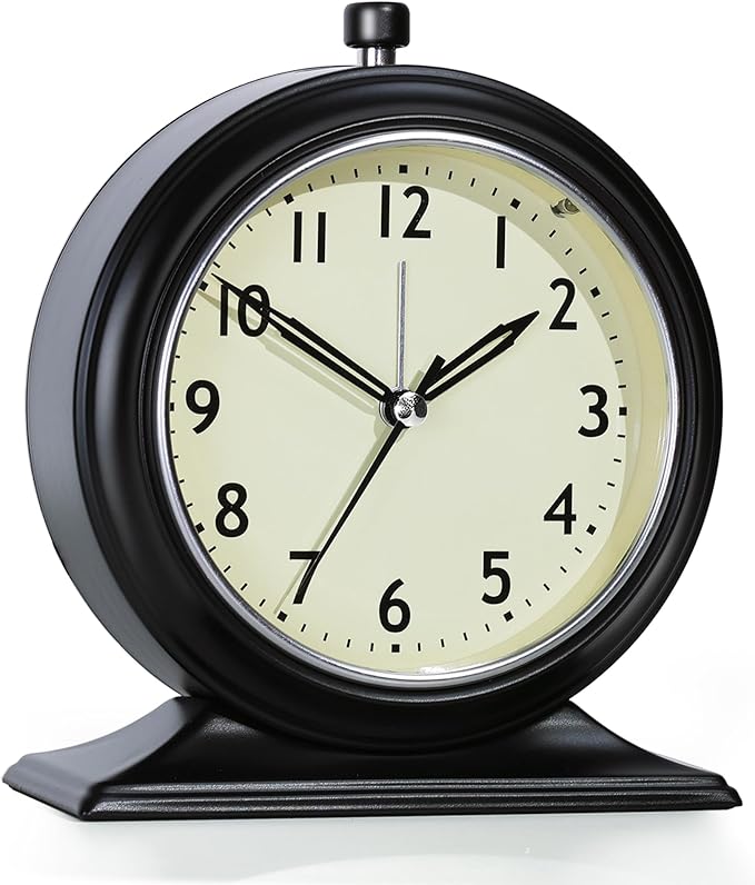 AYRELY® 4-inch Battery Operated Alarm Clock Silent Analog Desk Clocks with Light Vintage Metal Table Clock for Living Room Shelf Bedside Home Decor (Black)