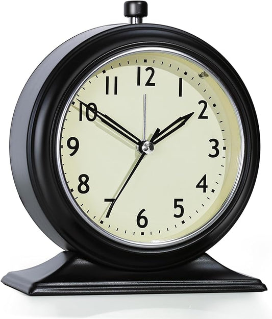 AYRELY® 4-inch Battery Operated Alarm Clock Silent Analog Desk Clocks with Light Vintage Metal Table Clock for Living Room Shelf Bedside Home Decor (Black)