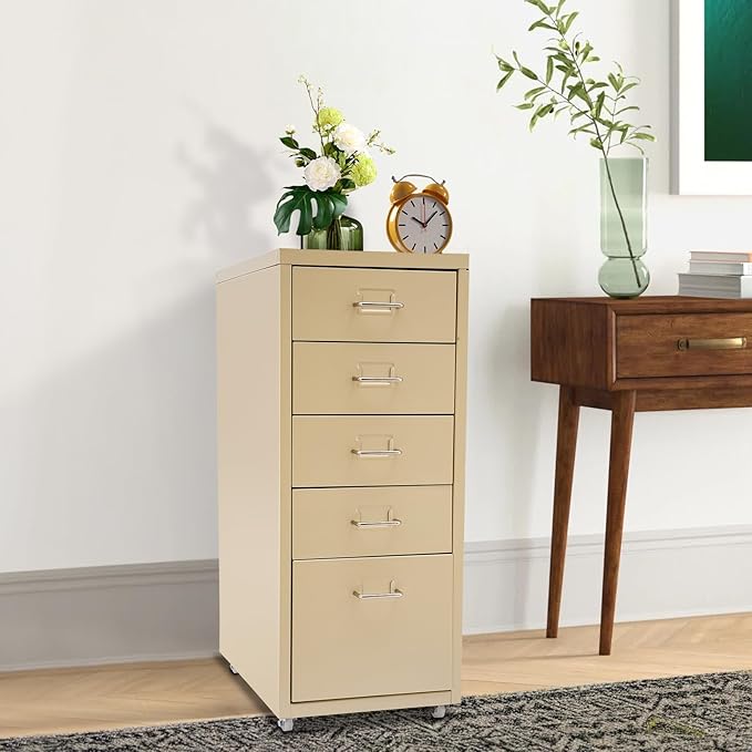 Metal File Storage Cabinet, 5 Drawer Vertical Filing Cabinets with Wheels Under Desk Storage Drawers, 11 * 16.1 * 27.1in Mobile File Cabinets Under Desk Cabinet for Bedroom, Office (Beige)