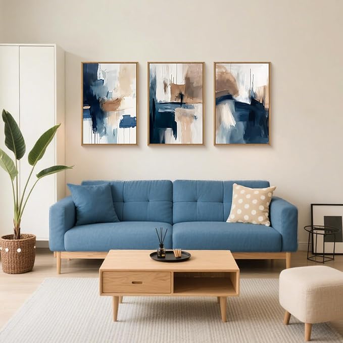Large Abstract Brush Stroke Framed Canvas Wall Art,Modern Pastel Wall Decor,Neutral Navy Blue Art Prints, Minimalist Watercolor Brown Artwork for Living Room,Bedroom,Dining Room-16"x24"x3