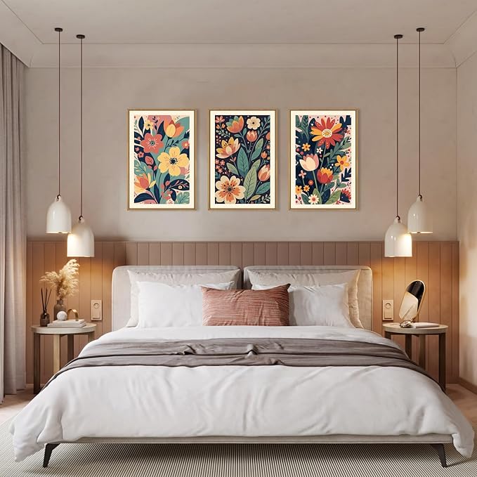 KAIRNE Vintage Colorful Floral Framed Canvas Wall Art Set of 3, Mid Century Modern Flower Wall Decor, Wildflower Plant Painting, Boho Botanical Art Prints for Living Room, Bedroom, Office, 24X36 Inch