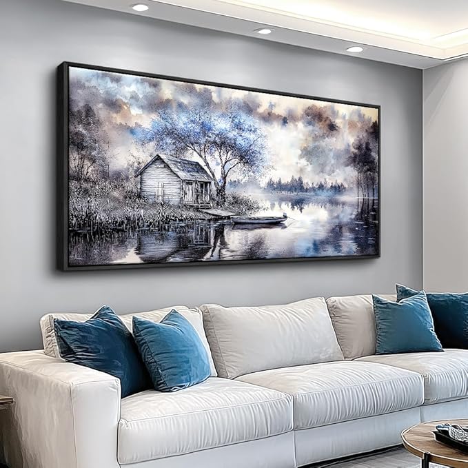 ERQINHUA Wall Art For Living Room Canvas Wall Decor For Bedroom Office Decoration Blue Tree Lakeside Landscape Painting Art Print Modern Beach Posters Ready To Hang Home Decor Black Frame 20"x40"