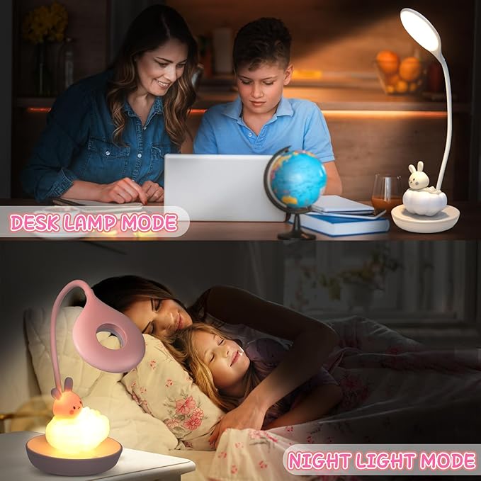 Cute Rabbit Design Dimmable Touch LED Reading Desk Lamp Night Light with 5 Levels Brightness for Boy,Girl Kid Teen (Pink Cloudy Bunny)