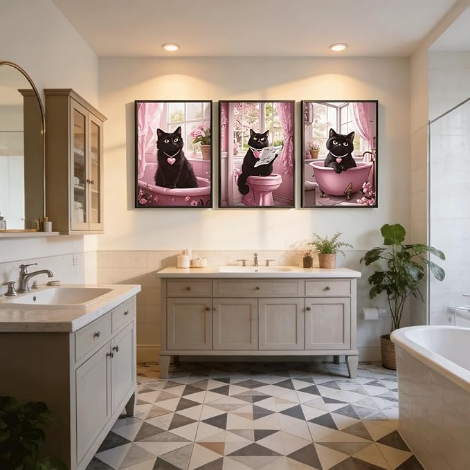 3Pcs Funny Black Cat Bathroom Wall Art Cute Pets Cat Reading Newspaper On The Toilet Painting Pictures Wall Decor Pink Animal Posters Prints for Bathroom Toilet Decorations 16x24 Inch Unframed