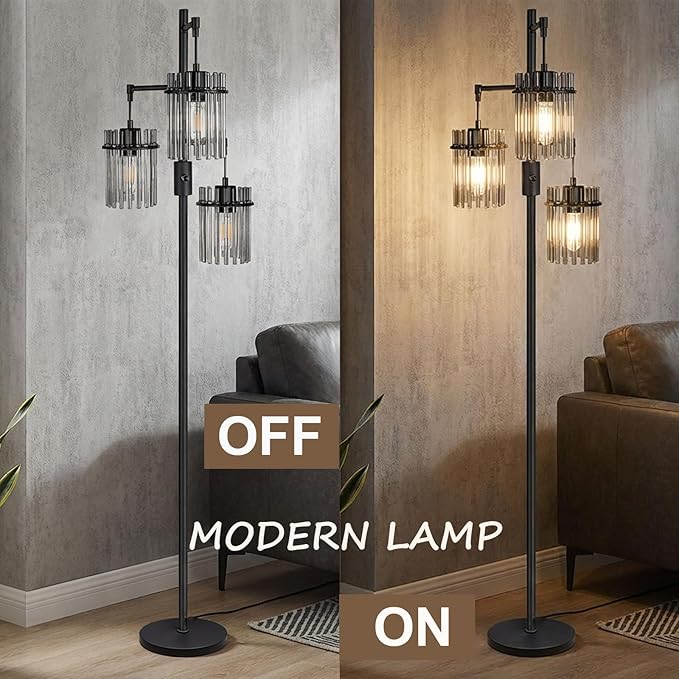 Industrial Modern Floor Lamps for Living Room, Dimmable Glass Tree Standing Tall Lamps with 3 Elegant Teardrop Cage Head & 1200 Lumens LED Bulbs for Bedroom Office (66inch Tall)