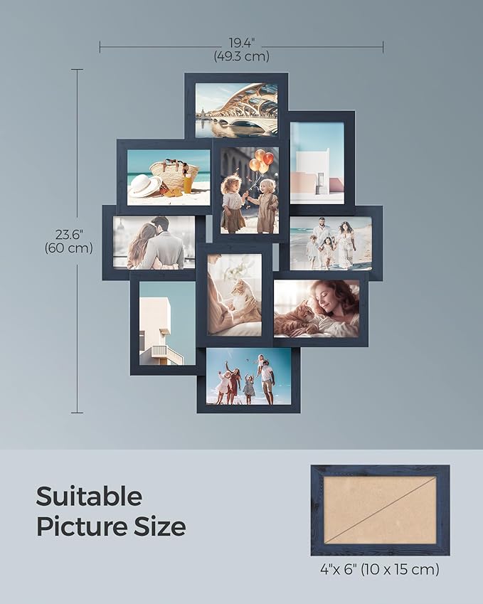 SONGMICS 4x6 Collage Picture Frames, 10-Pack Photo Collage Frame for Wall Decor, Glass Front, Assembly Required, Navy Blue URPF020Q01