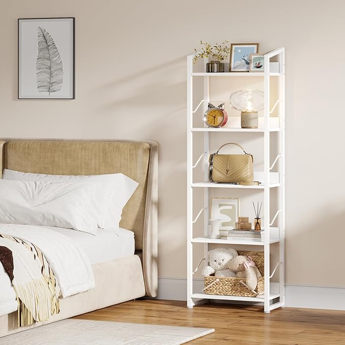 Hosfais 5 Tier Tall Bookshelf: Industrial Wood Book Shelf with Edge Protection Metal Narrow Bookshelf Bookcase Storage Organizer Display Rack for Living Room Home Office (White)