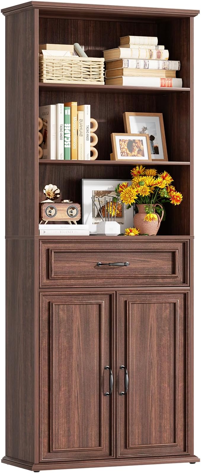 Cyclysio 80" Tall Bookcase, Farmhouse Bookshelves with Drawer and Doors, Floor Standing 6 Shelf Display Storage Cabinet for Home Office, Living Room (1, Black Walnut)